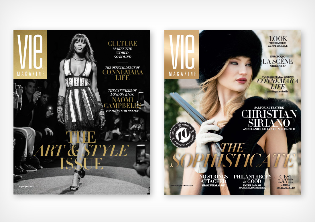 VIE Magazine Covers July/August 2015 with Naomi Campbell and November/December 2016 featuring Christian Siriano fashion